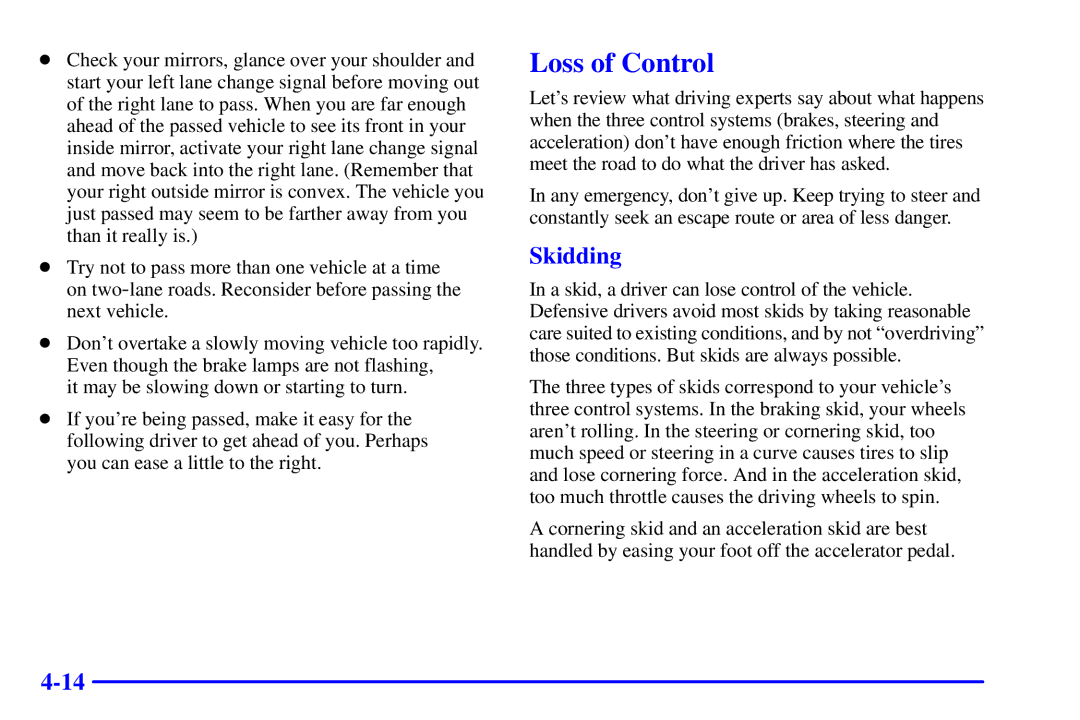 Chevrolet 2001 manual Loss of Control, Skidding 