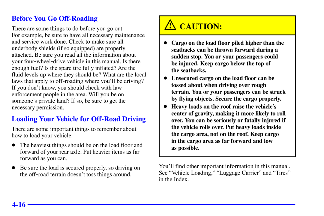 Chevrolet 2001 manual Before You Go Off-Roading, Loading Your Vehicle for Off-Road Driving 