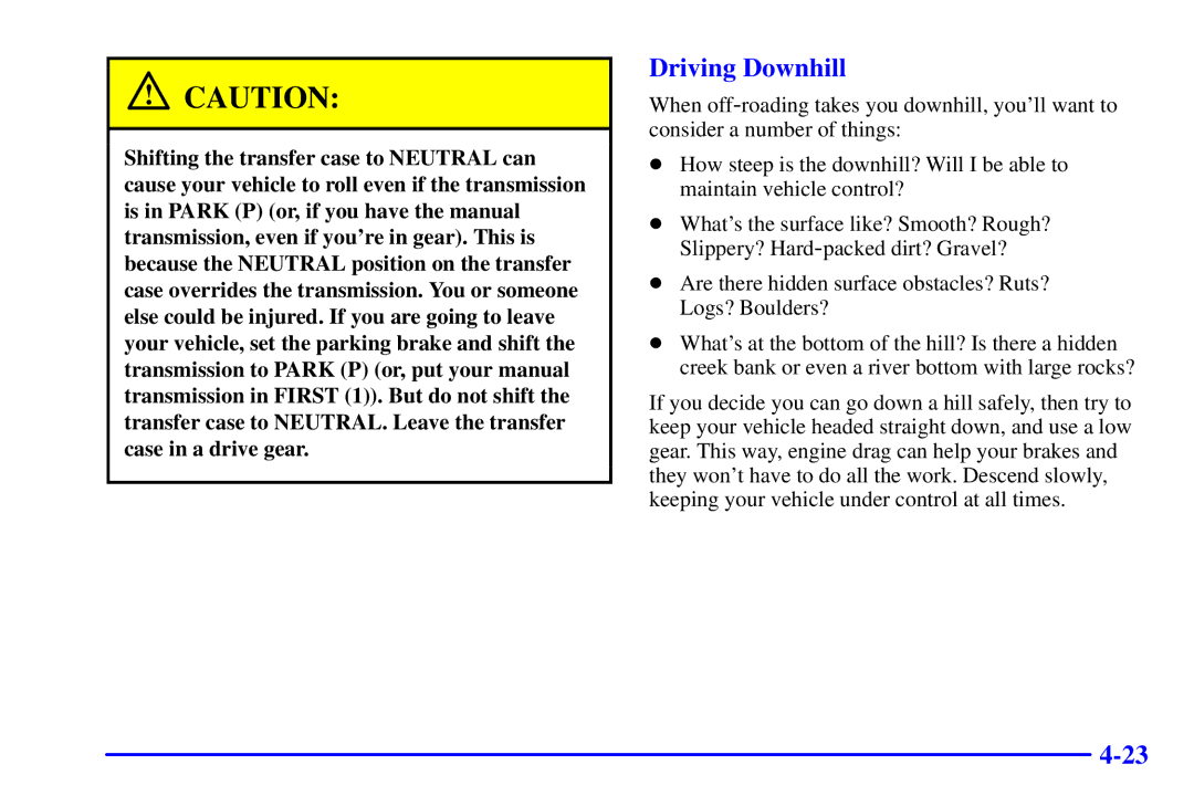 Chevrolet 2001 manual Driving Downhill 