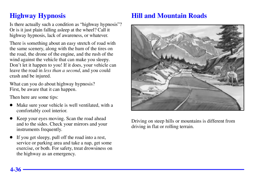 Chevrolet 2001 manual Highway Hypnosis, Hill and Mountain Roads 