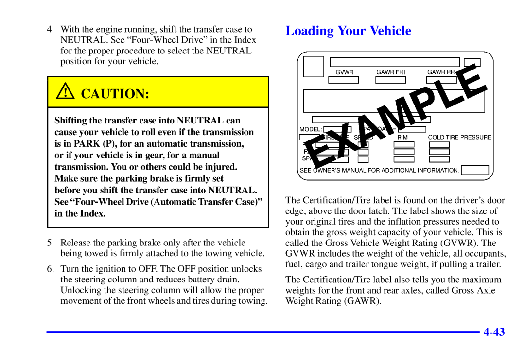 Chevrolet 2001 manual Loading Your Vehicle 