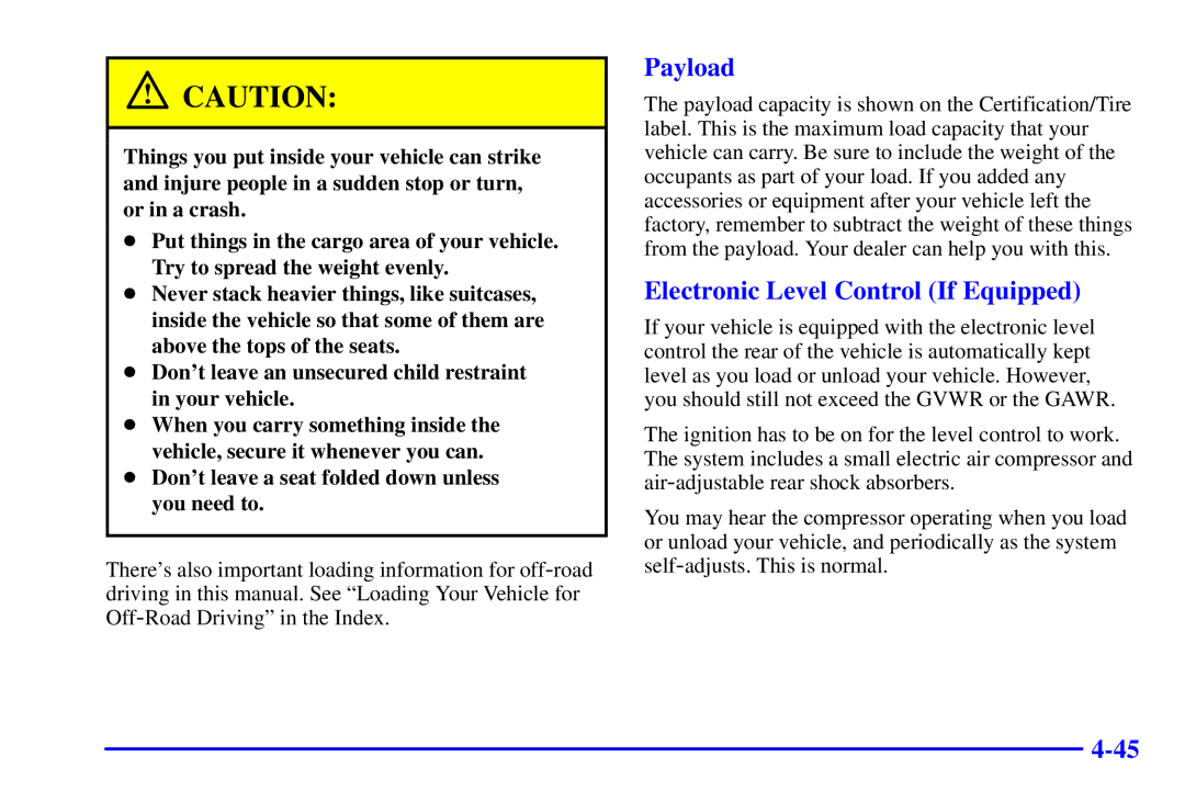 Chevrolet 2001 manual Payload, Electronic Level Control If Equipped 