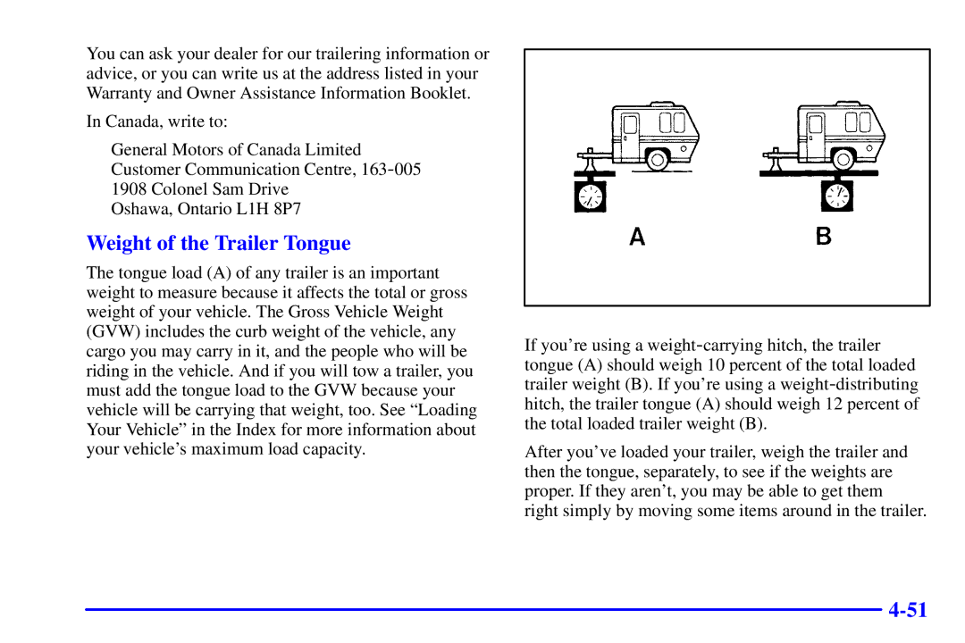 Chevrolet 2001 manual Weight of the Trailer Tongue 