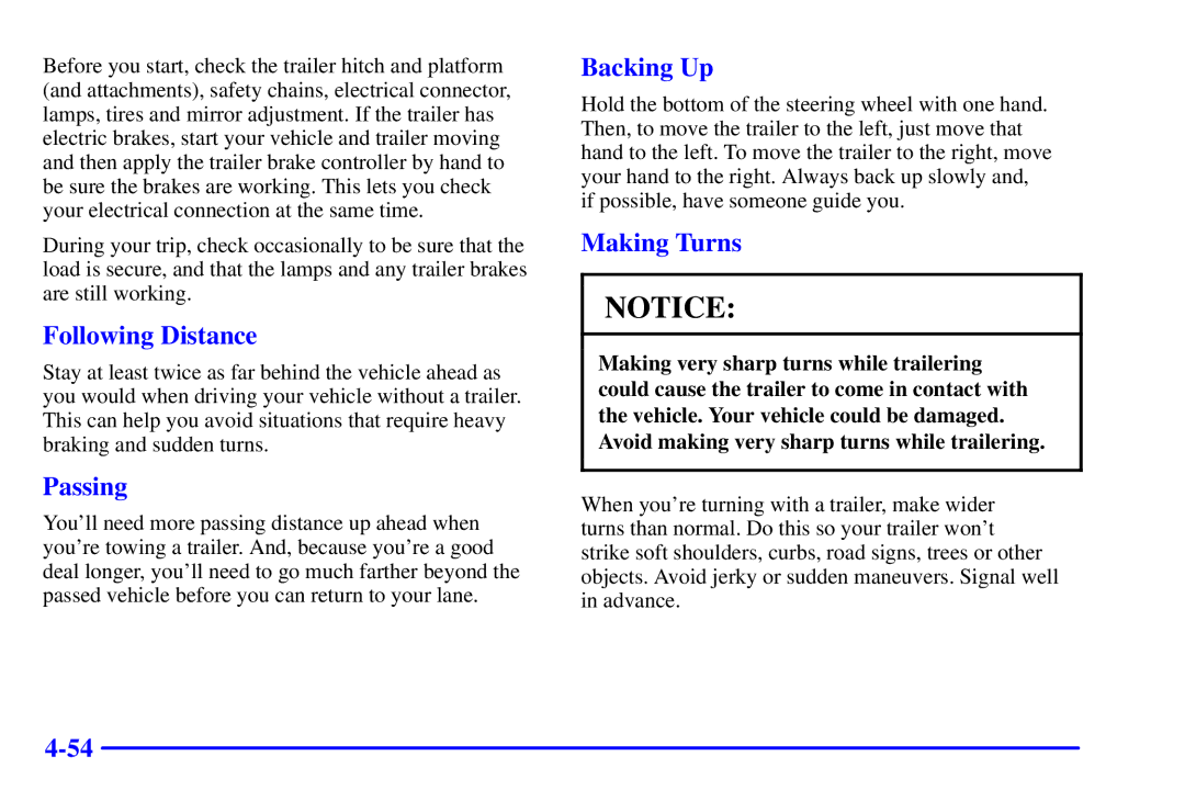 Chevrolet 2001 manual Following Distance, Passing, Backing Up, Making Turns 