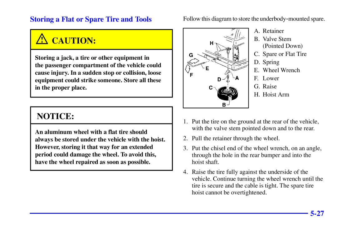 Chevrolet 2001 manual Storing a Flat or Spare Tire and Tools 