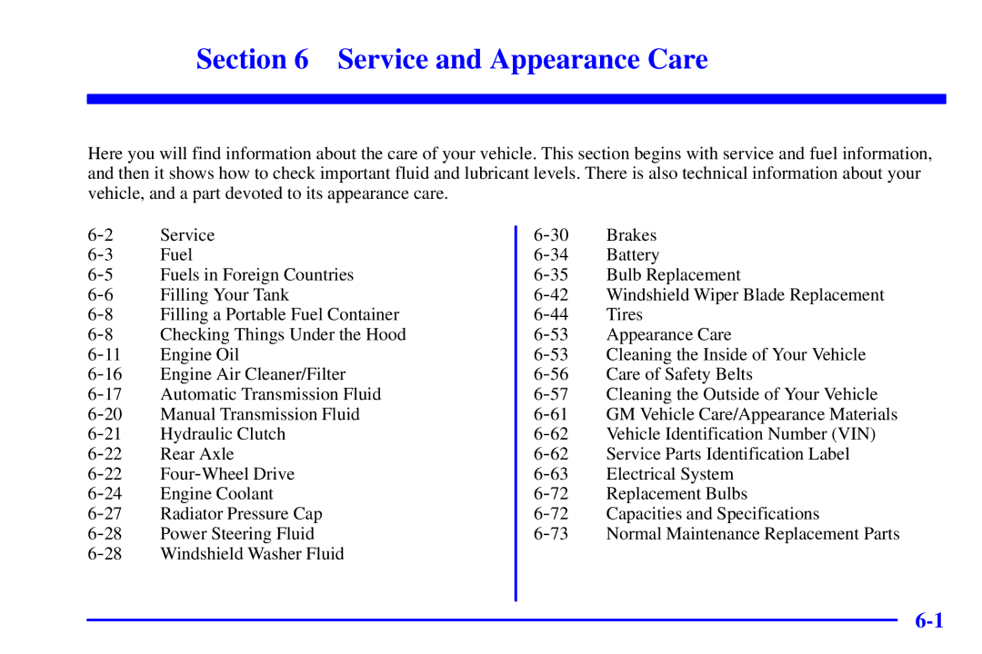 Chevrolet 2001 manual Service and Appearance Care 