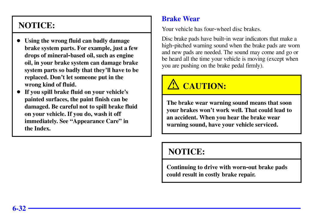 Chevrolet 2001 manual Brake Wear 