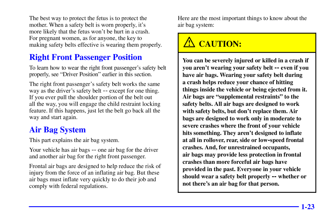 Chevrolet 2001 manual Right Front Passenger Position, Air Bag System 