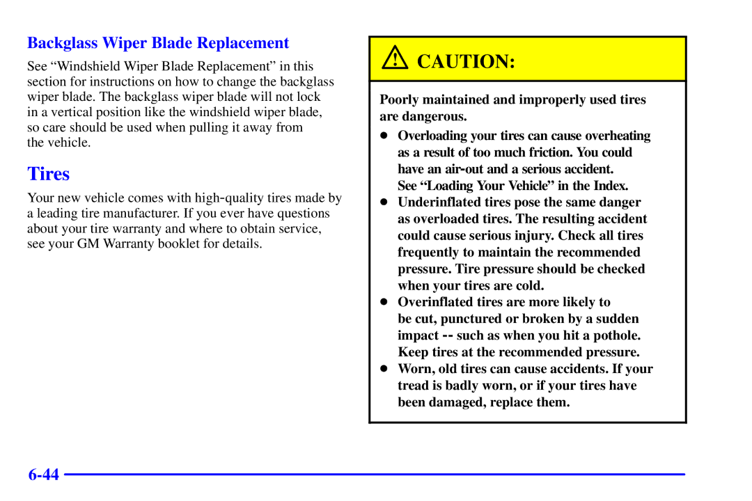 Chevrolet 2001 manual Tires, Backglass Wiper Blade Replacement 