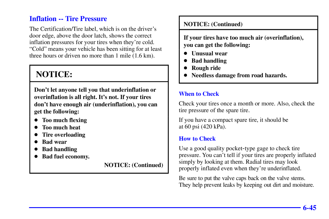 Chevrolet 2001 manual Inflation -- Tire Pressure, When to Check, How to Check 