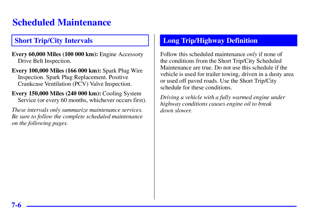 Chevrolet 2001 manual Long Trip/Highway Definition 