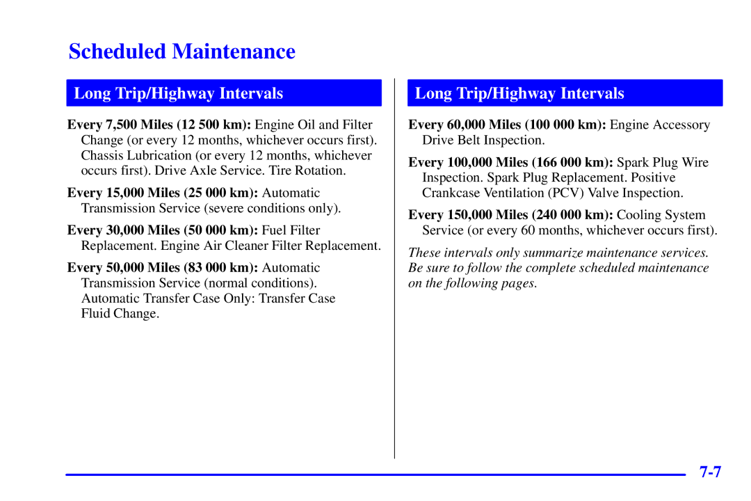 Chevrolet 2001 manual Long Trip/Highway Intervals 