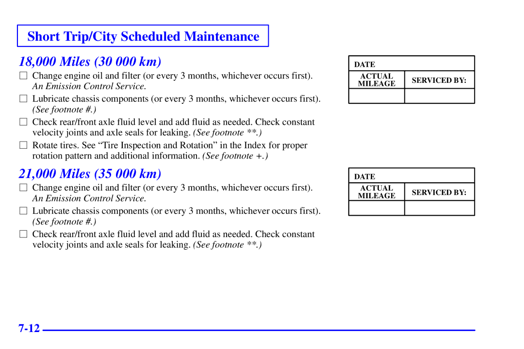 Chevrolet 2001 manual 18,000 Miles 30 000 km, 21,000 Miles 35 000 km 