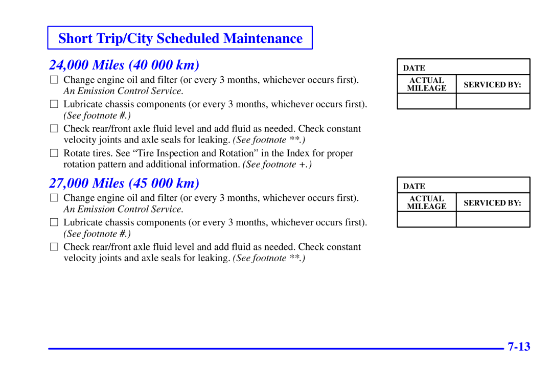 Chevrolet 2001 manual 24,000 Miles 40 000 km, 27,000 Miles 45 000 km 