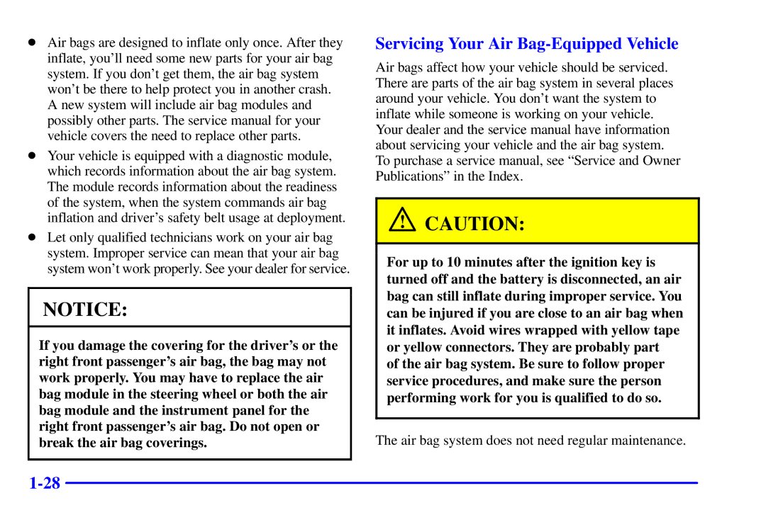 Chevrolet 2001 manual Servicing Your Air Bag-Equipped Vehicle 