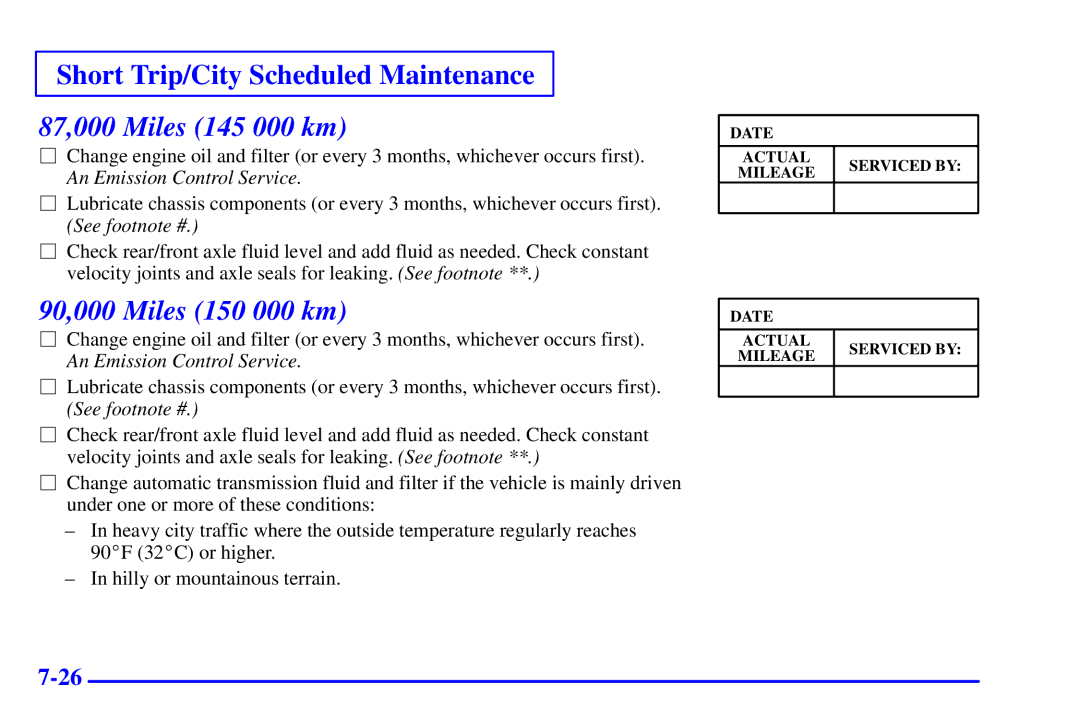 Chevrolet 2001 manual 87,000 Miles 145 000 km, 90,000 Miles 150 000 km 
