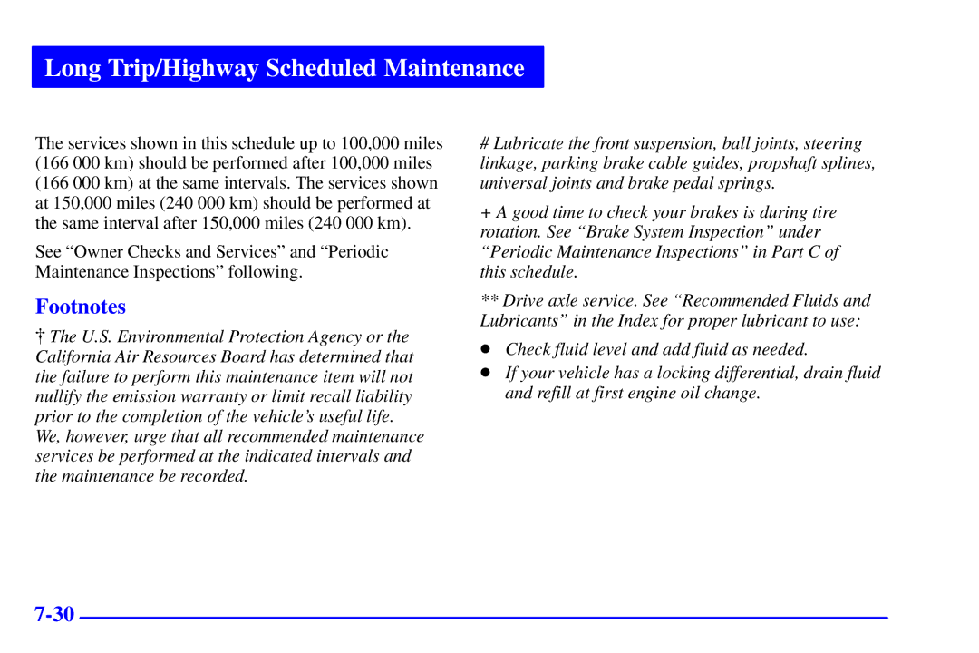 Chevrolet 2001 manual Long Trip/Highway Scheduled Maintenance 