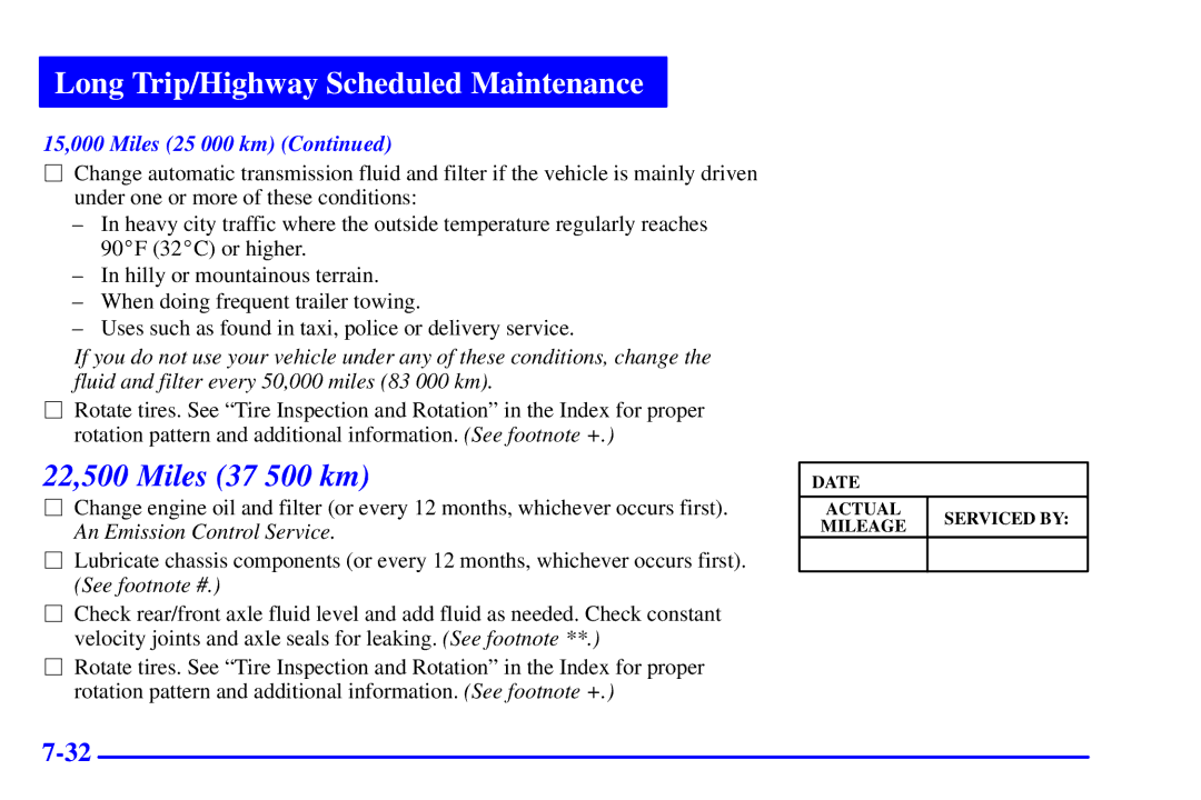 Chevrolet 2001 manual 22,500 Miles 37 500 km, 15,000 Miles 25 000 km 