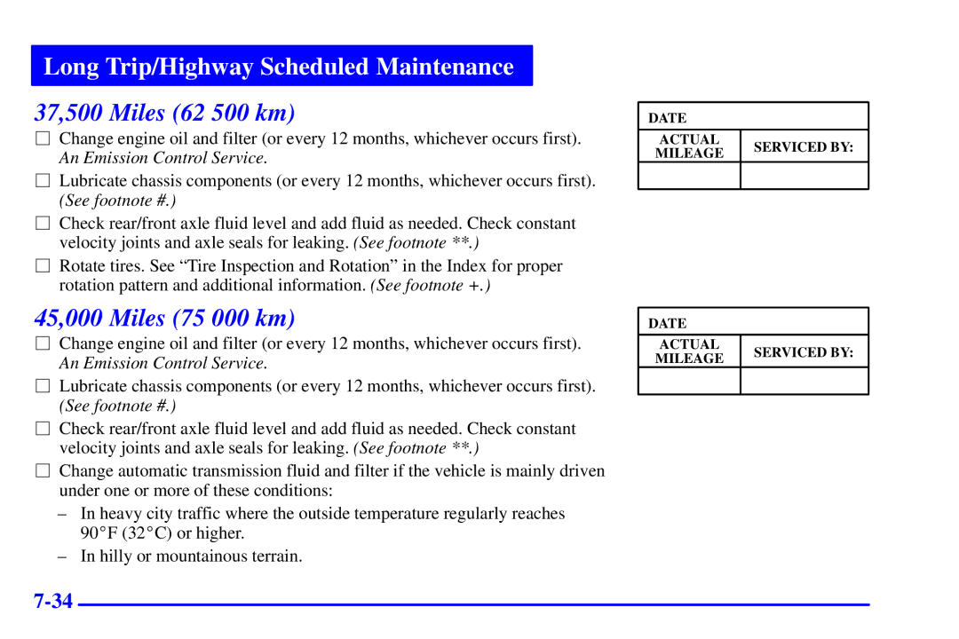 Chevrolet 2001 manual 37,500 Miles 62 500 km, 45,000 Miles 75 000 km 