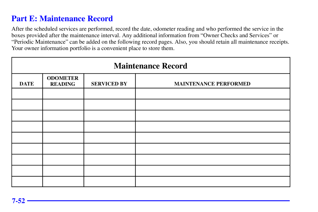 Chevrolet 2001 manual Part E Maintenance Record 