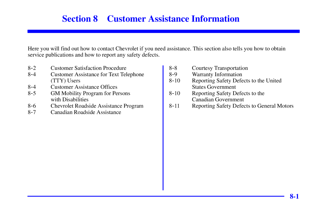 Chevrolet 2001 manual Customer Assistance Information 