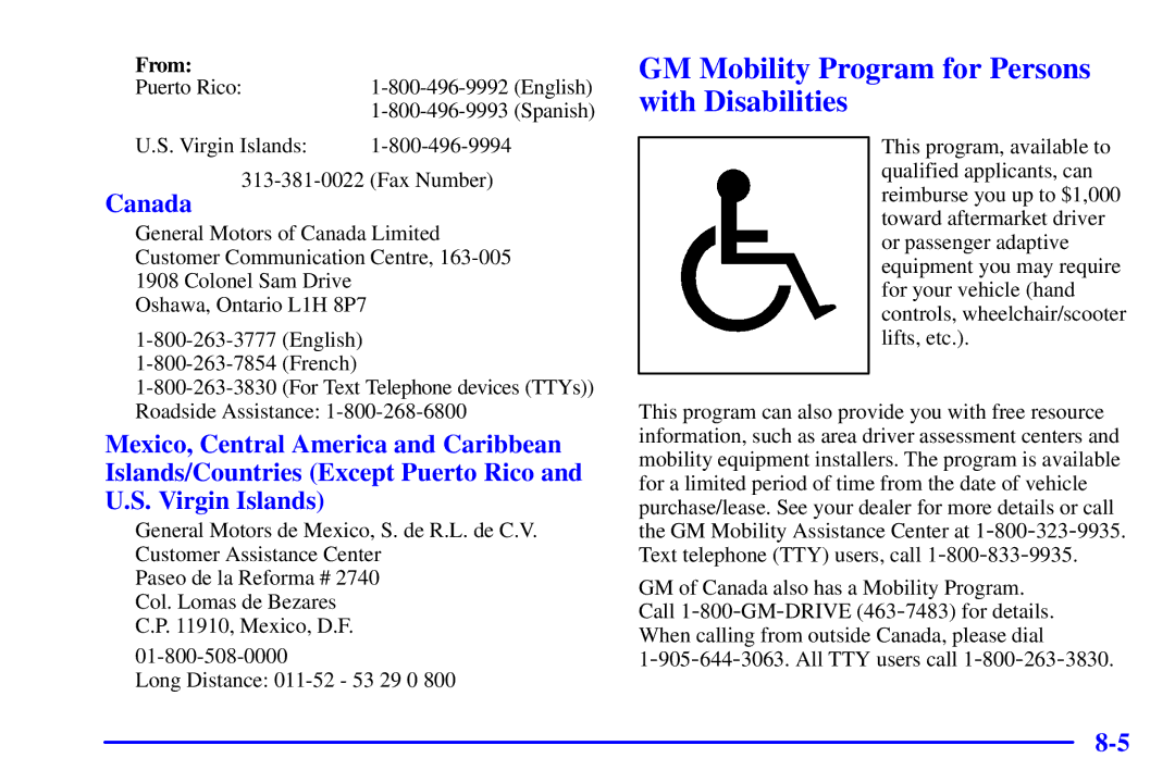 Chevrolet 2001 manual GM Mobility Program for Persons with Disabilities, Canada 