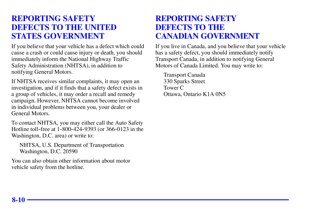 Chevrolet 2001 manual Reporting Safety Defects to the United States Government 