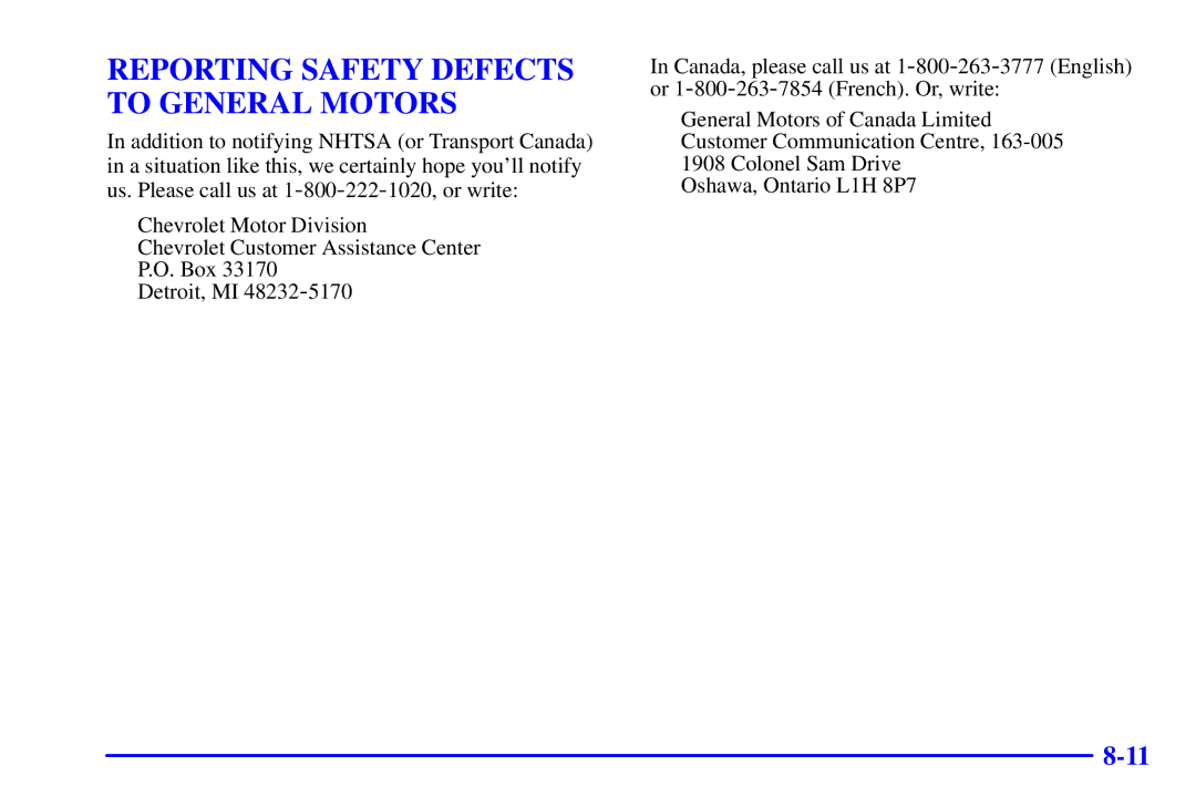 Chevrolet 2001 manual Reporting Safety Defects to General Motors 