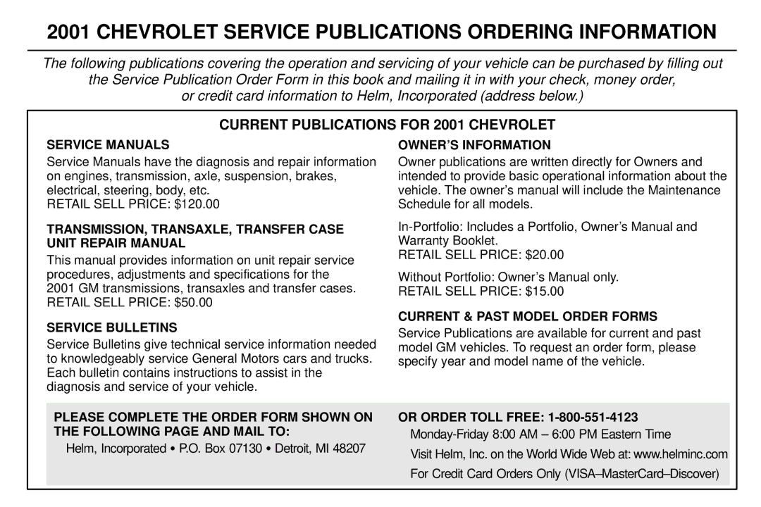 Chevrolet 2001 manual Chevrolet Service Publications Ordering Information 