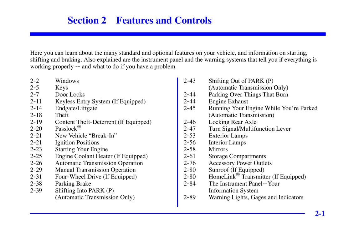 Chevrolet 2001 manual Features and Controls 