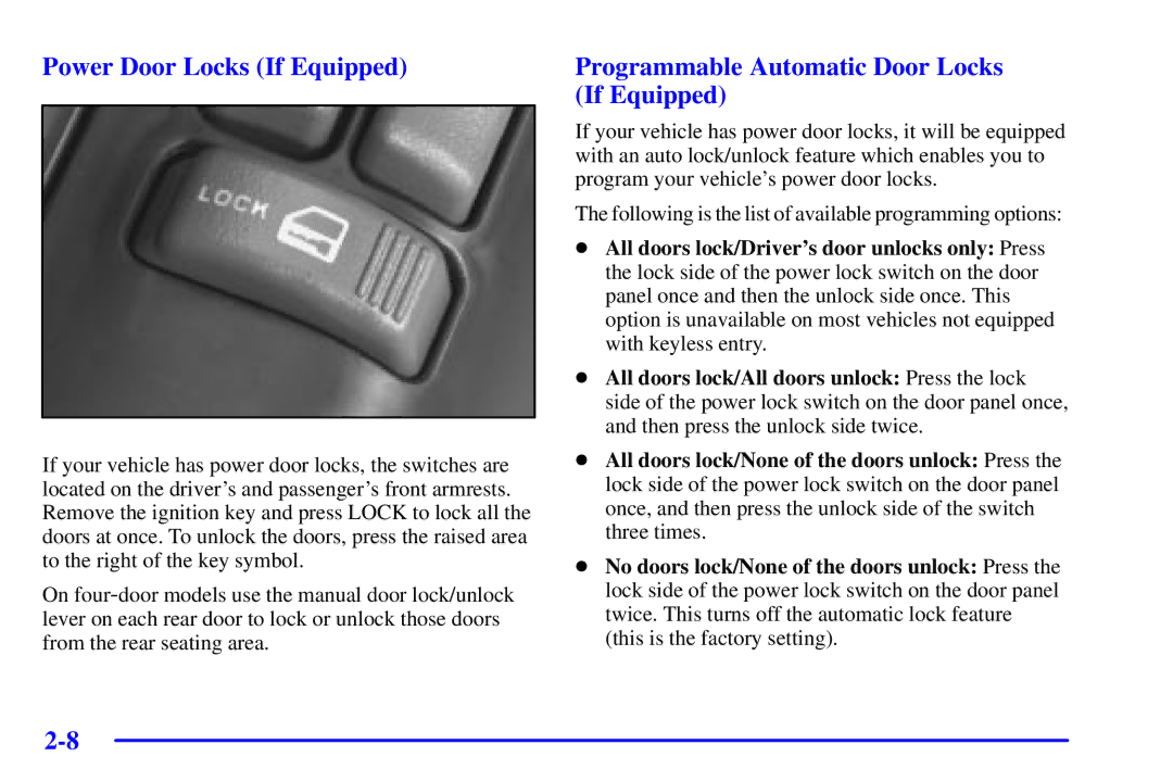 Chevrolet 2001 manual Power Door Locks If Equipped, Programmable Automatic Door Locks If Equipped 