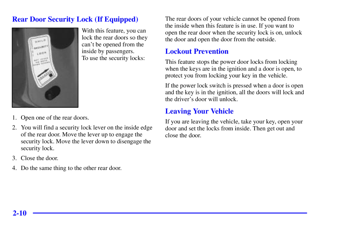 Chevrolet 2001 manual Rear Door Security Lock If Equipped, Lockout Prevention, Leaving Your Vehicle 