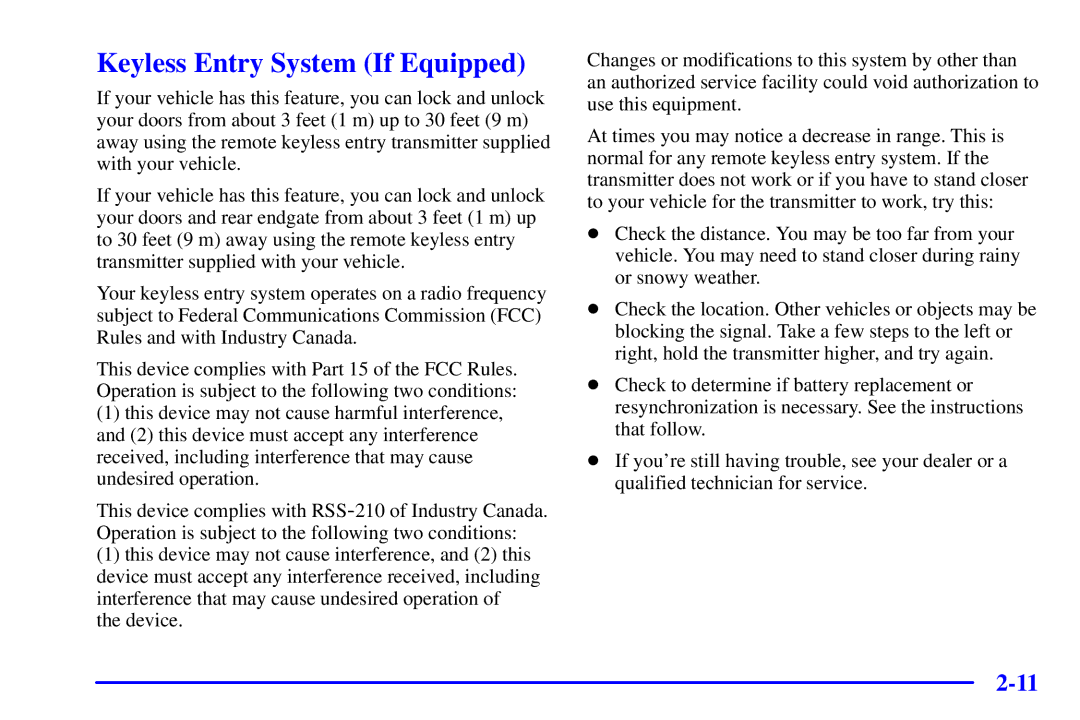 Chevrolet 2001 manual Keyless Entry System If Equipped 