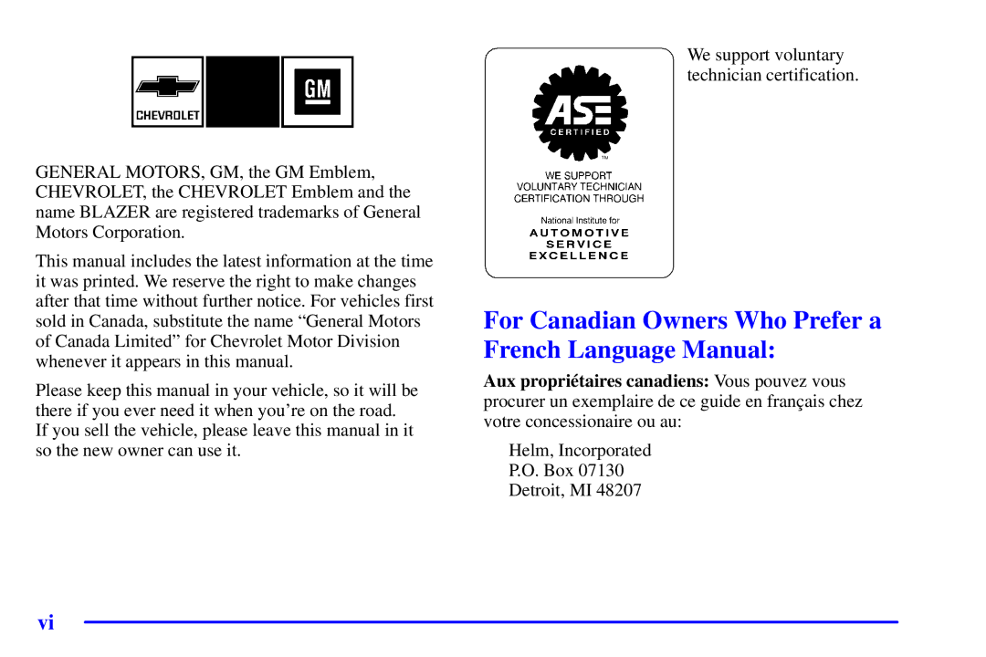 Chevrolet 2001 manual For Canadian Owners Who Prefer a French Language Manual 