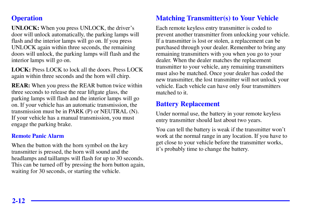 Chevrolet 2001 manual Operation, Matching Transmitters to Your Vehicle, Battery Replacement, Remote Panic Alarm 