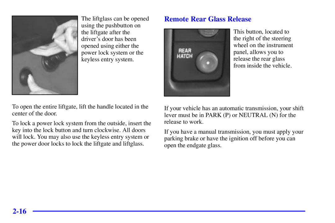 Chevrolet 2001 manual Remote Rear Glass Release 