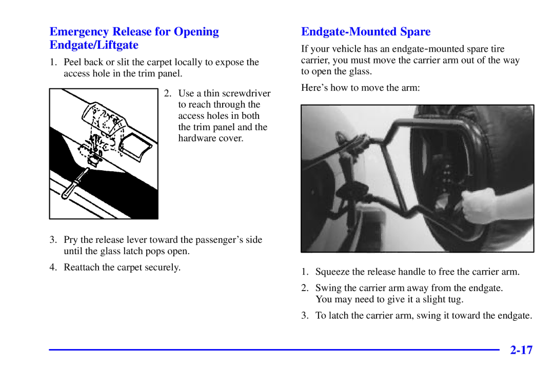 Chevrolet 2001 manual Emergency Release for Opening Endgate/Liftgate, Endgate-Mounted Spare 