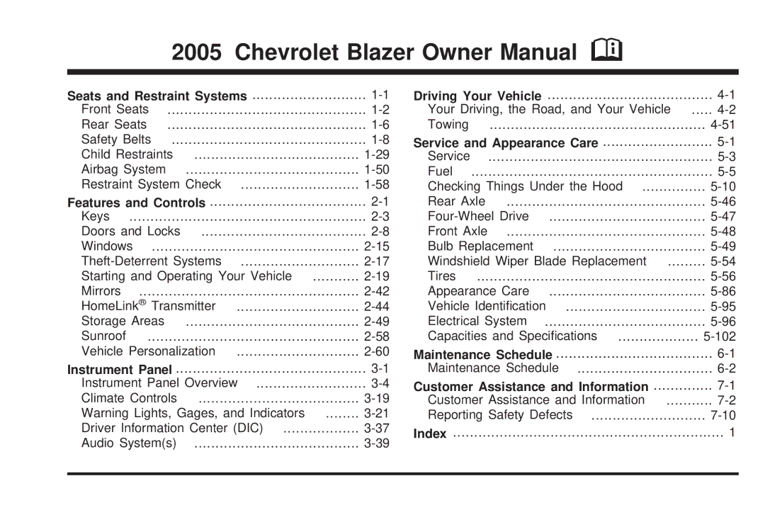 Chevrolet 2005 owner manual Seats and Restraint Systems, Service and Appearance Care, Customer Assistance and Information 