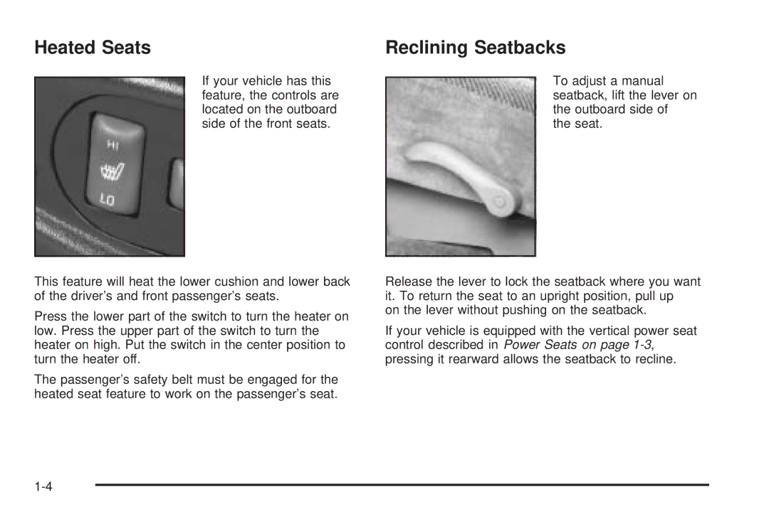 Chevrolet 2005 owner manual Heated Seats, Reclining Seatbacks 