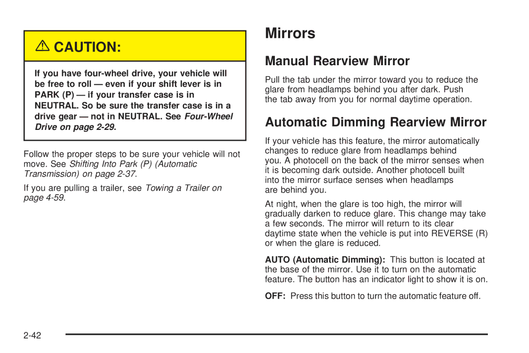 Chevrolet 2005 owner manual Mirrors, Manual Rearview Mirror, Automatic Dimming Rearview Mirror 