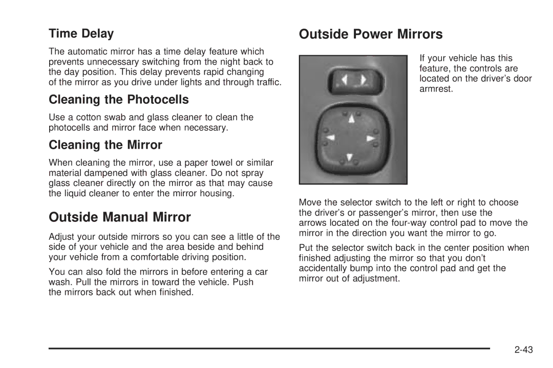 Chevrolet 2005 Outside Manual Mirror, Outside Power Mirrors, Time Delay, Cleaning the Photocells, Cleaning the Mirror 