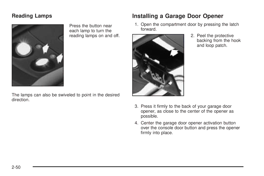 Chevrolet 2005 owner manual Installing a Garage Door Opener, Reading Lamps 