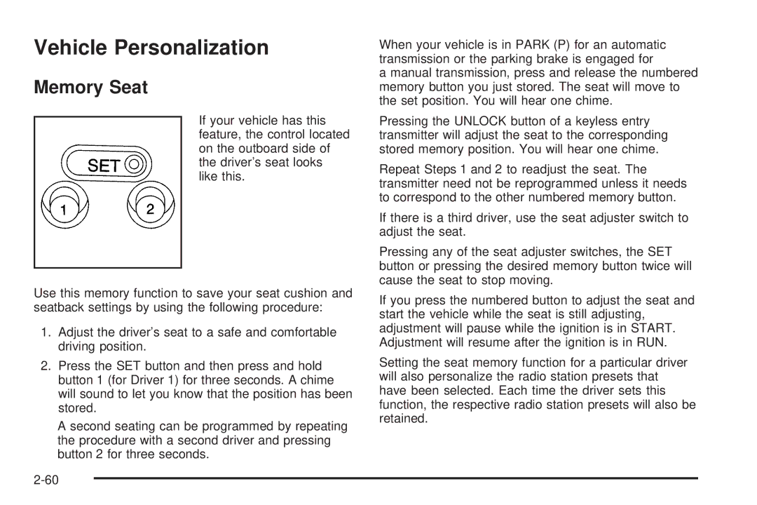 Chevrolet 2005 owner manual Vehicle Personalization, Memory Seat 