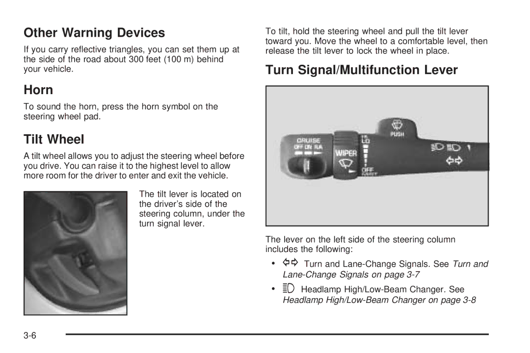 Chevrolet 2005 owner manual Other Warning Devices, Horn, Tilt Wheel, Turn Signal/Multifunction Lever 