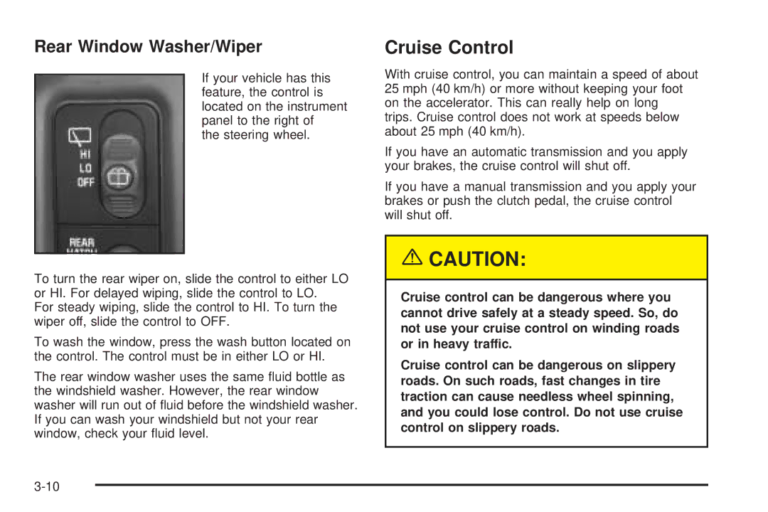 Chevrolet 2005 owner manual Cruise Control, Rear Window Washer/Wiper 