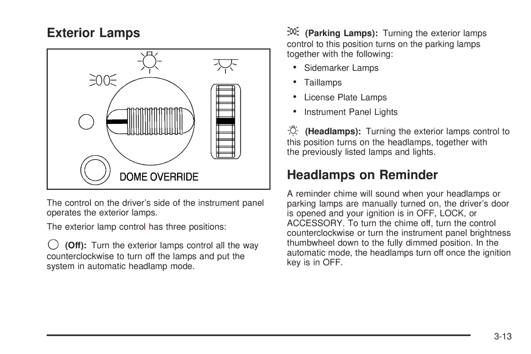 Chevrolet 2005 owner manual Exterior Lamps, Headlamps on Reminder 