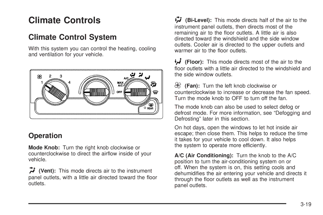 Chevrolet 2005 owner manual Climate Controls, Climate Control System, Operation 