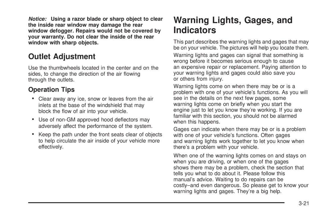 Chevrolet 2005 owner manual Outlet Adjustment, Operation Tips 