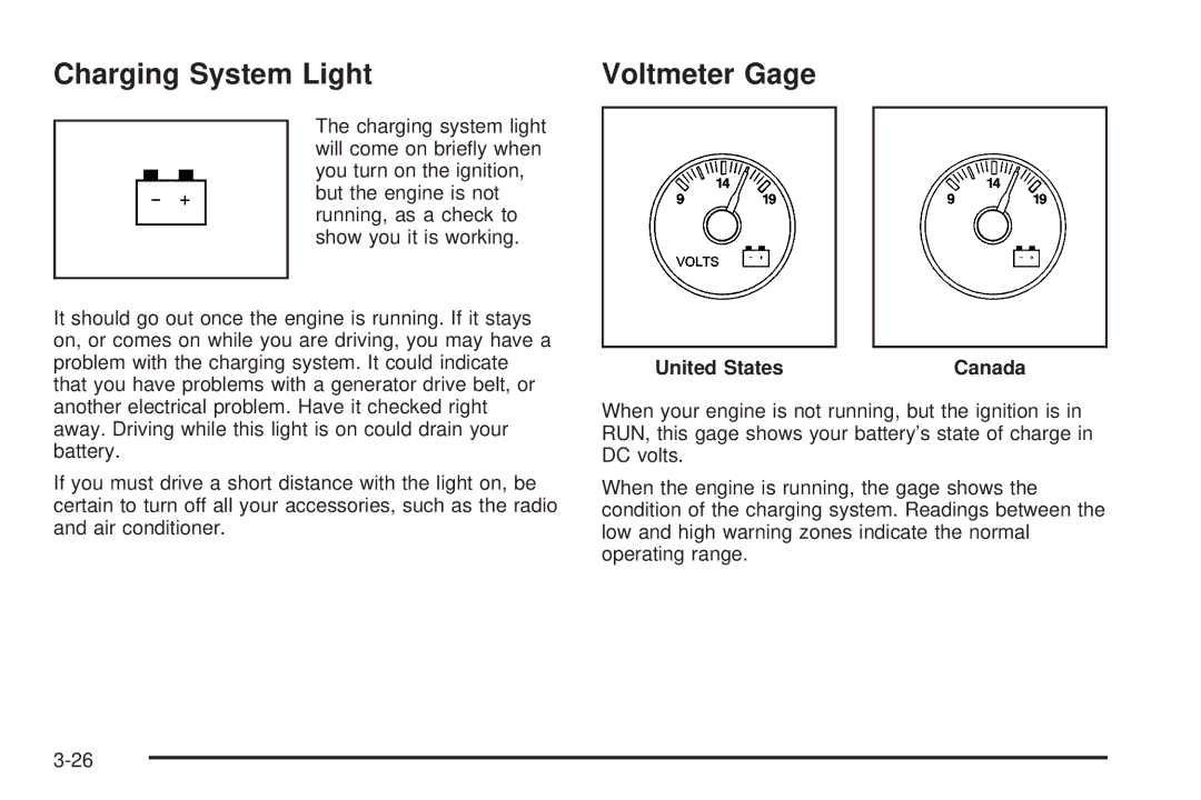 Chevrolet 2005 owner manual Charging System Light Voltmeter Gage, United States Canada 