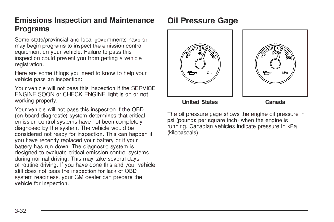 Chevrolet 2005 owner manual Oil Pressure Gage, Emissions Inspection and Maintenance Programs 